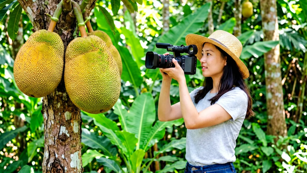 菠萝蜜视频团队在热带果园现场拍摄菠萝蜜成熟情况，镜头对准巨大的挂树果实
