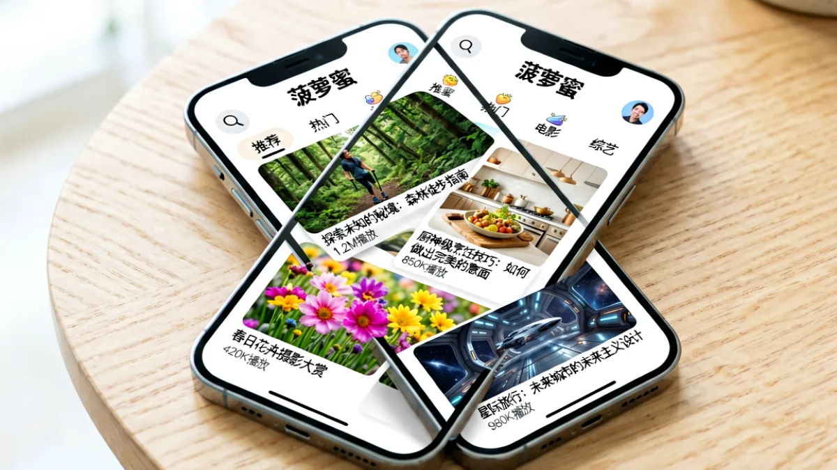 菠萝蜜视频平台首页界面截图，展示了内容分类导航栏与推荐视频卡片布局