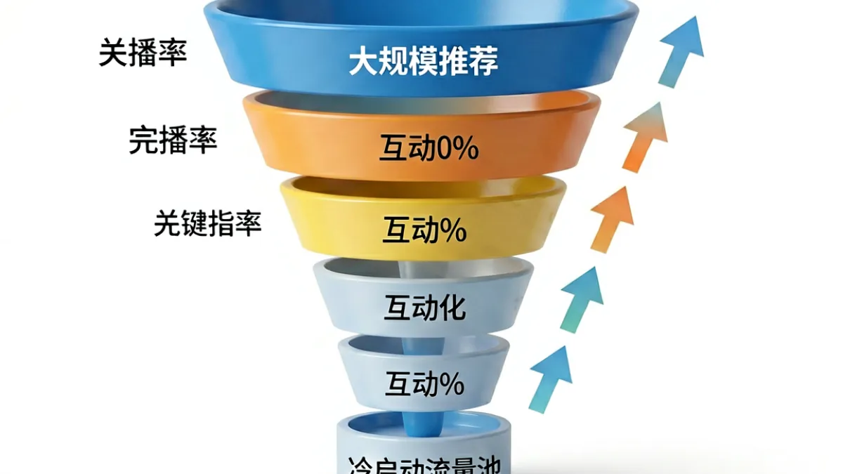 菠萝蜜视频内容推荐算法示意图，展示从冷启动流量池到大规模扩量的内容分发层级逻辑