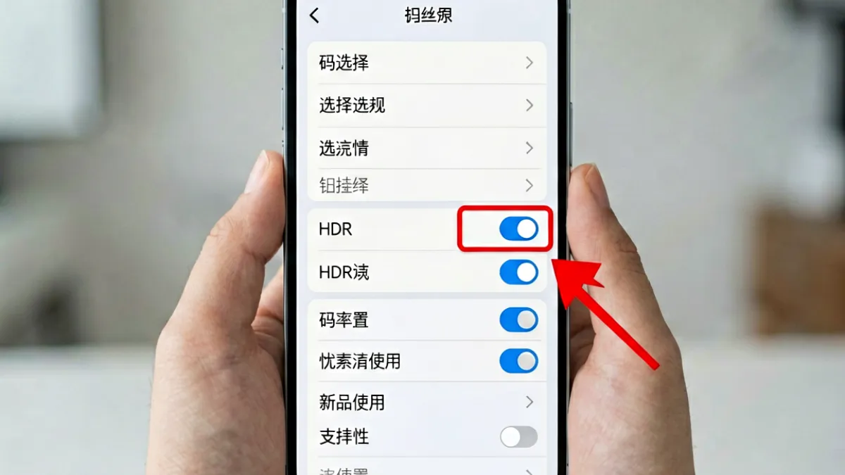 菠萝蜜视频播放设置菜单页面截图，标注码率选项与HDR开关的位置供用户参考